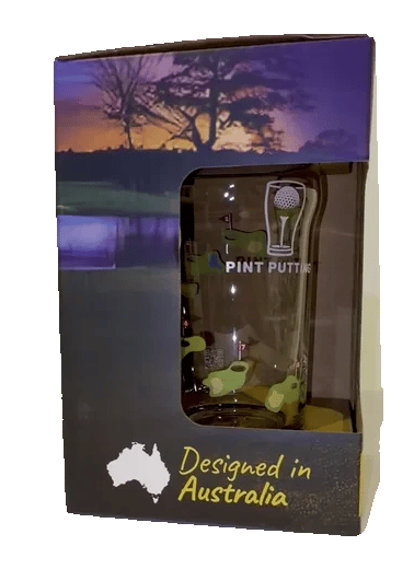 The Pint Putting presentation box turning slowly, showing the glass, the course and the rules on the back